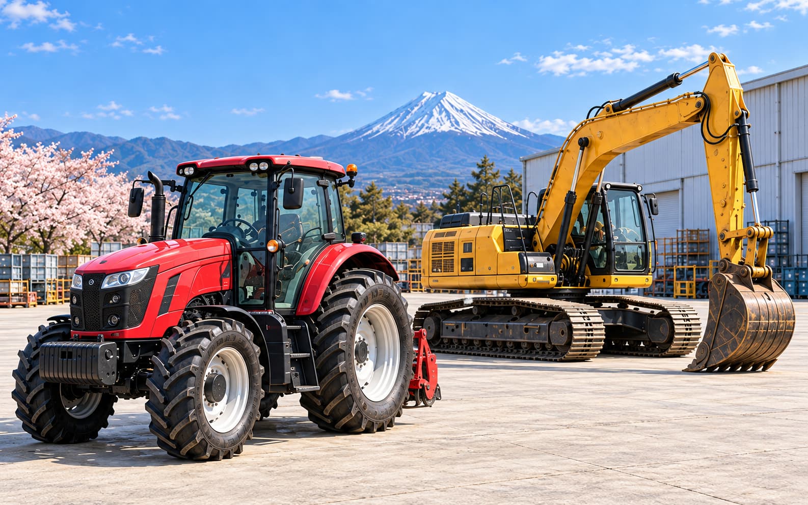 Tractor and excavator in a Japanese export yard
