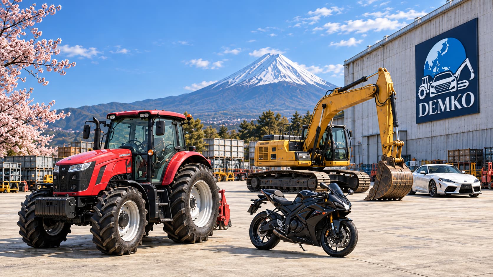 Machinery, cars and a motorcycle in a Japanese export yard with Mount Fuji in the background