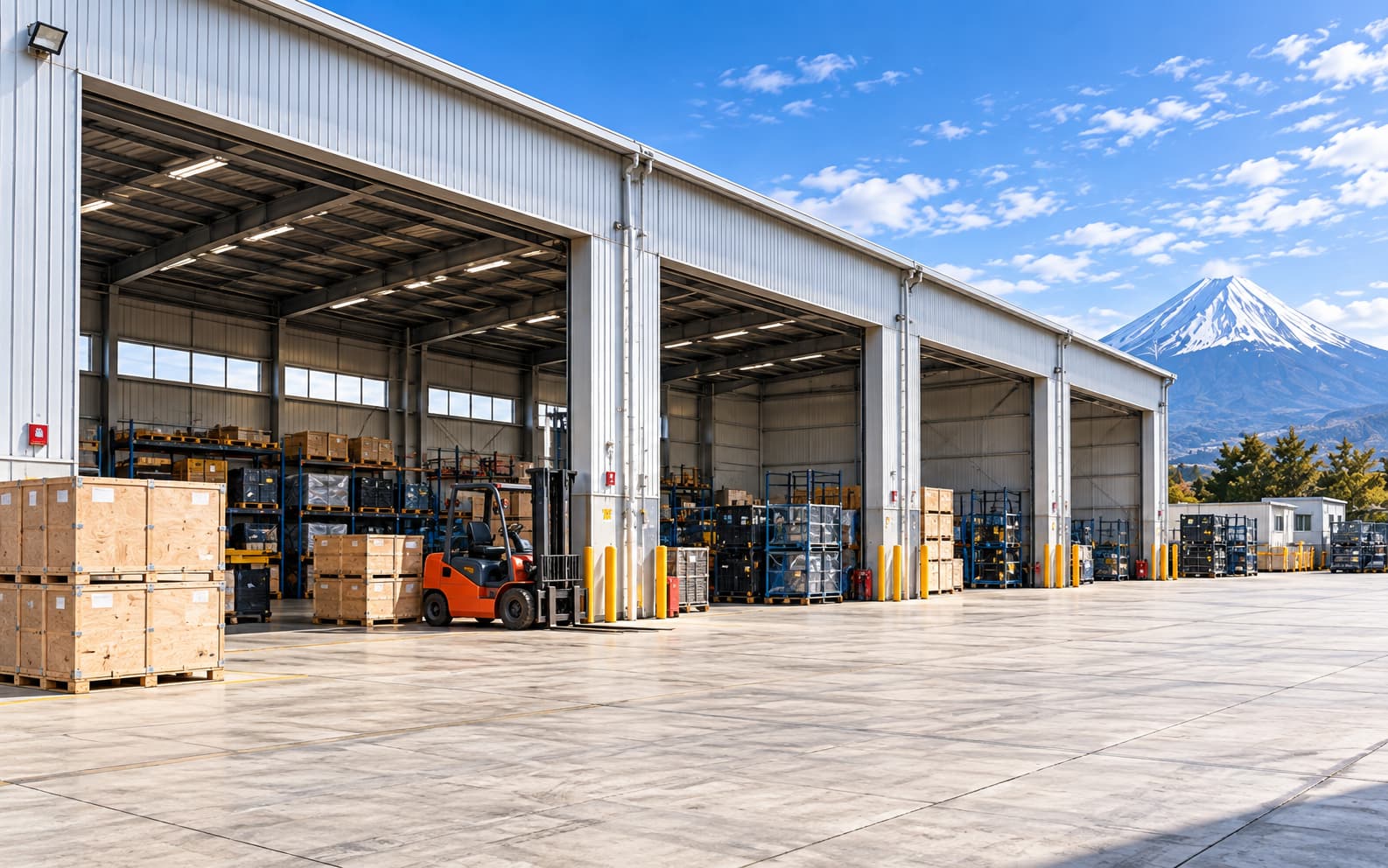 Warehouse and loading area with Mount Fuji in the background